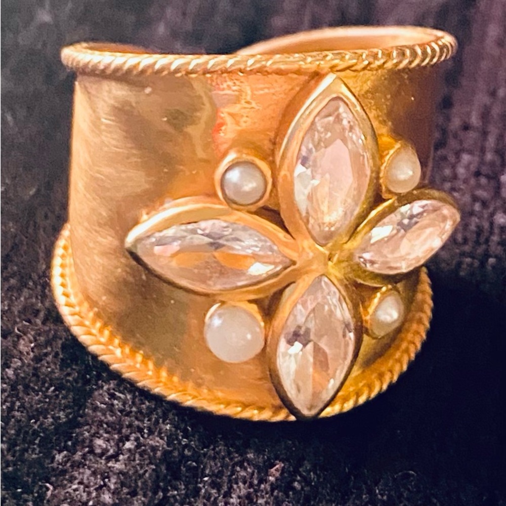 Julie Vos Monaco Statement Gold Ring with Crystal and Pearl Accents